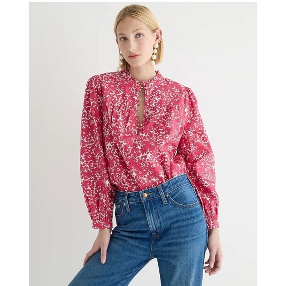 J. Crew Button-front ruffleneck popover in blushing meadow cotton poplin NWT - Picture 1 of 13